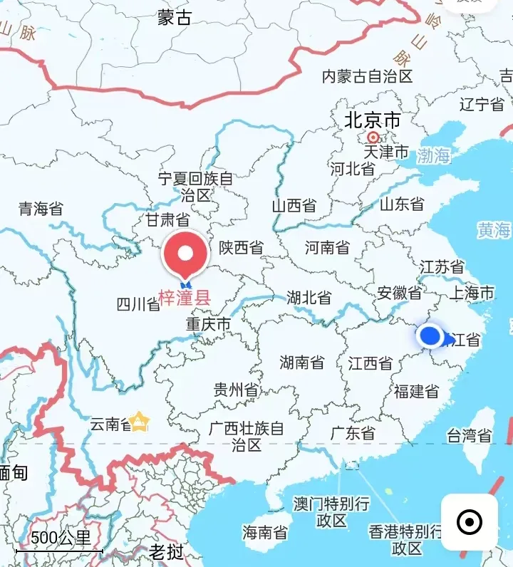 四川梓潼县位置地图，位于四川省中北部，绵阳市辖县
